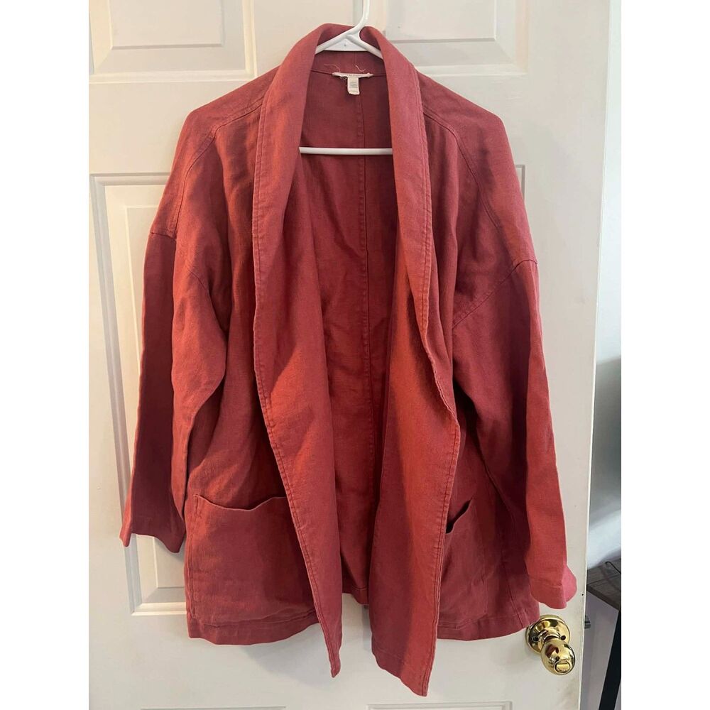 Eileen Fisher XL Organic Linen Shawl Collar Coral Pink Jacket Cardigan Pockets